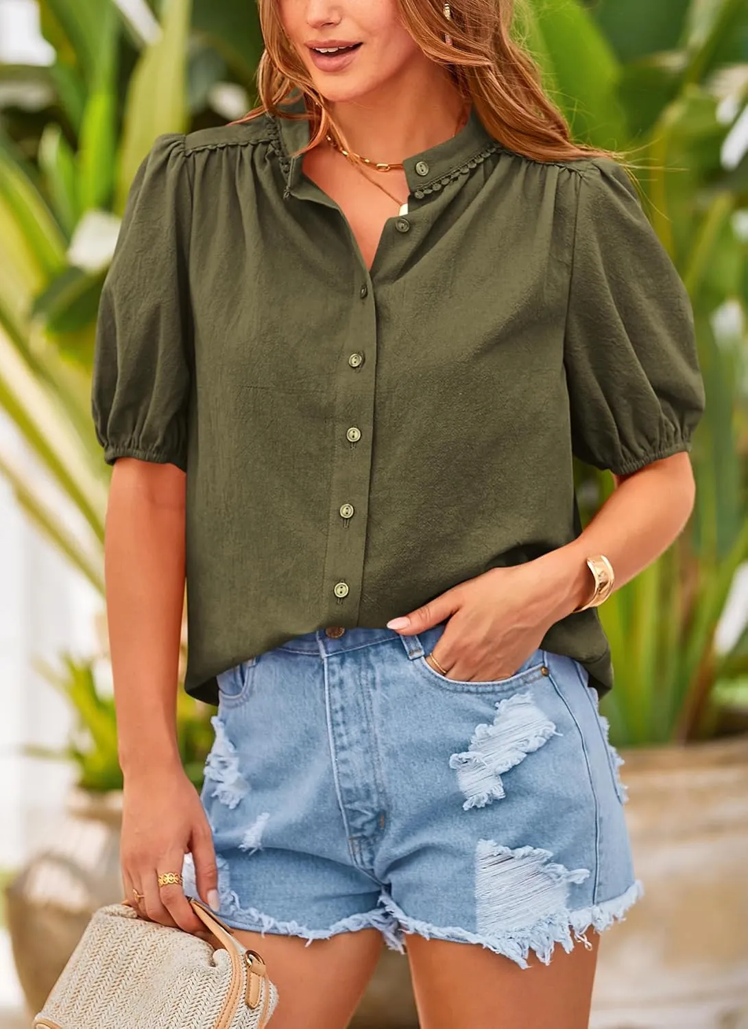 PRETTYGARDEN Women's Summer Button Down Shirts Short Lantern Sleeve V Neck Cotton Cute Dressy Casual Ladies Tops Blouses