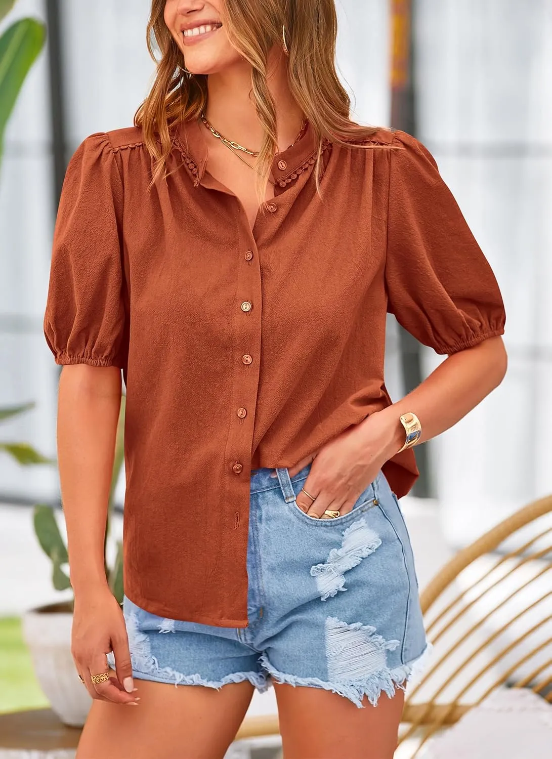 PRETTYGARDEN Women's Summer Button Down Shirts Short Lantern Sleeve V Neck Cotton Cute Dressy Casual Ladies Tops Blouses