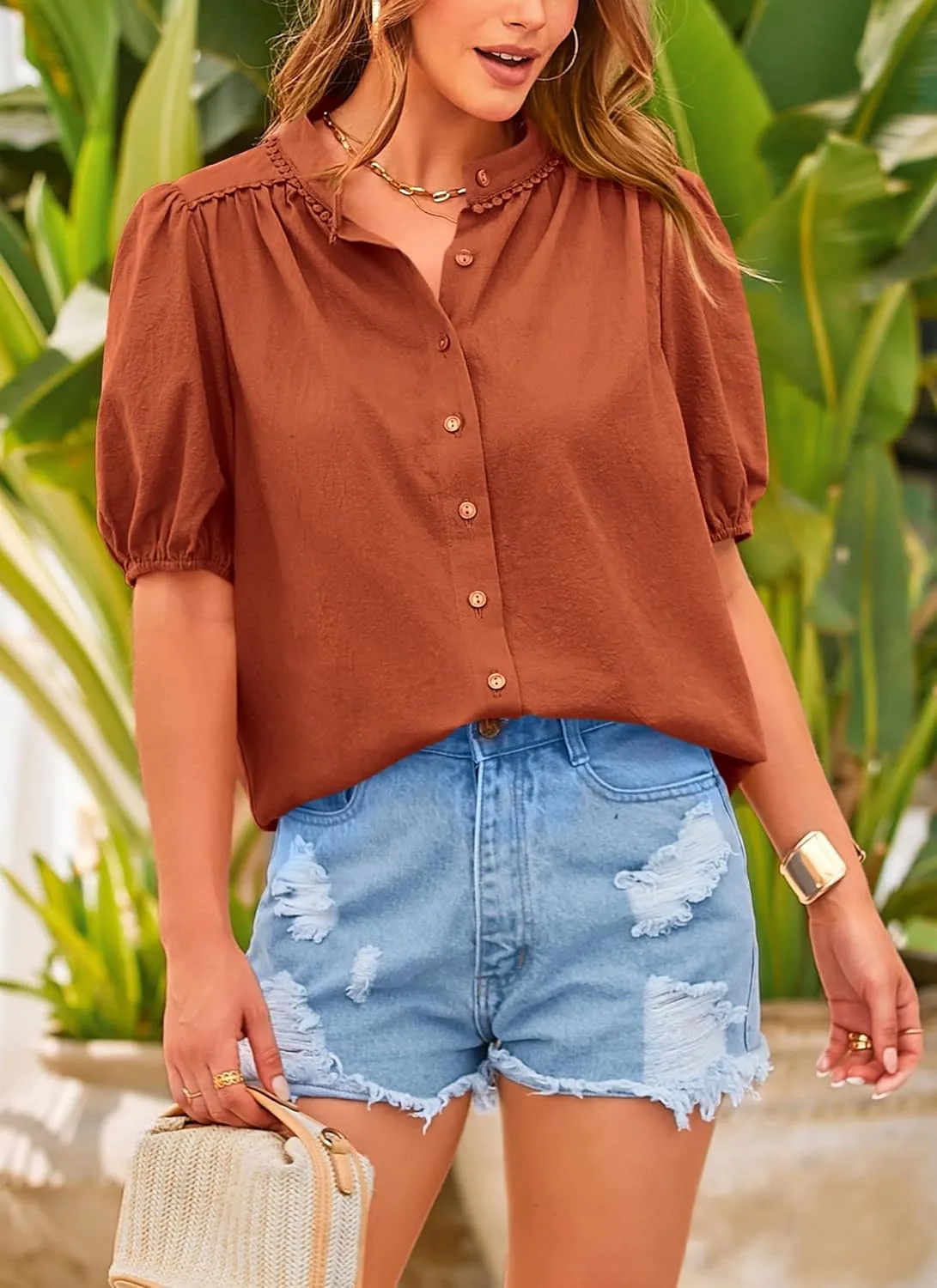 PRETTYGARDEN Women's Summer Button Down Shirts Short Lantern Sleeve V Neck Cotton Cute Dressy Casual Ladies Tops Blouses