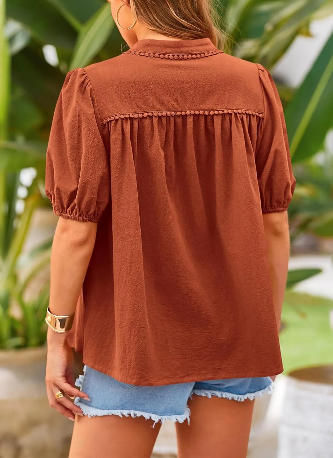 PRETTYGARDEN Women's Summer Button Down Shirts Short Lantern Sleeve V Neck Cotton Cute Dressy Casual Ladies Tops Blouses