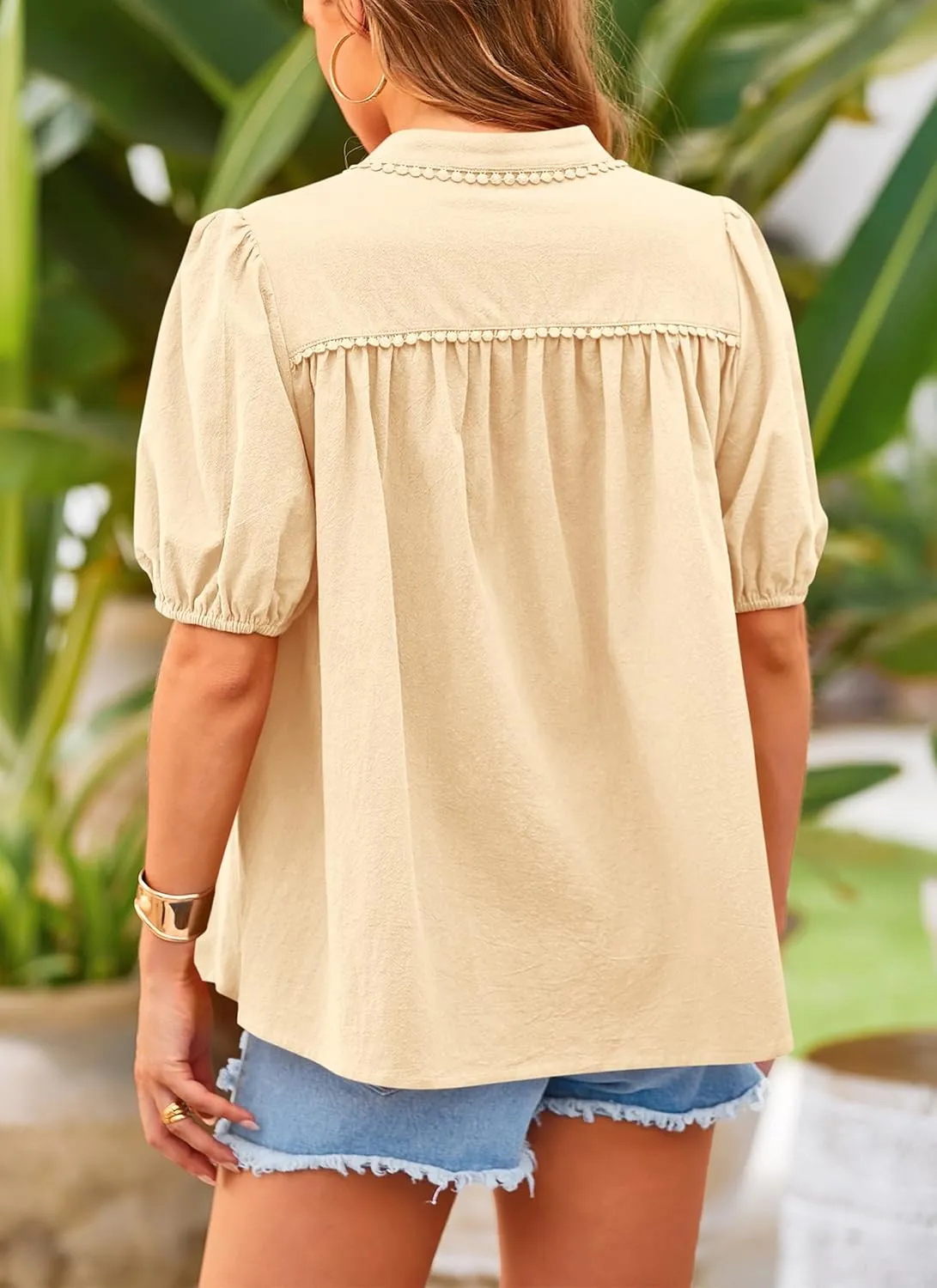 PRETTYGARDEN Women's Summer Button Down Shirts Short Lantern Sleeve V Neck Cotton Cute Dressy Casual Ladies Tops Blouses
