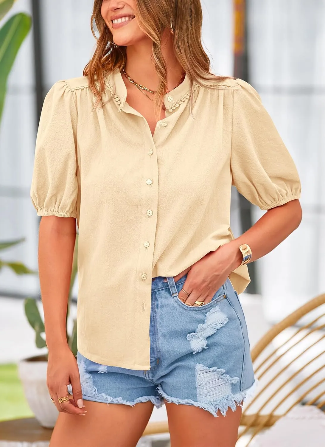PRETTYGARDEN Women's Summer Button Down Shirts Short Lantern Sleeve V Neck Cotton Cute Dressy Casual Ladies Tops Blouses