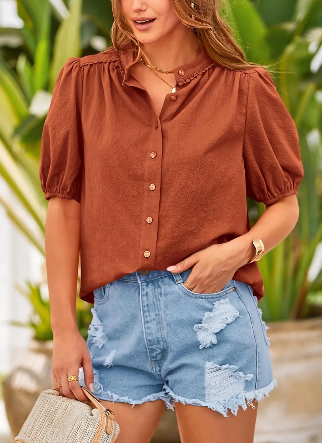 PRETTYGARDEN Women's Summer Button Down Shirts Short Lantern Sleeve V Neck Cotton Cute Dressy Casual Ladies Tops Blouses