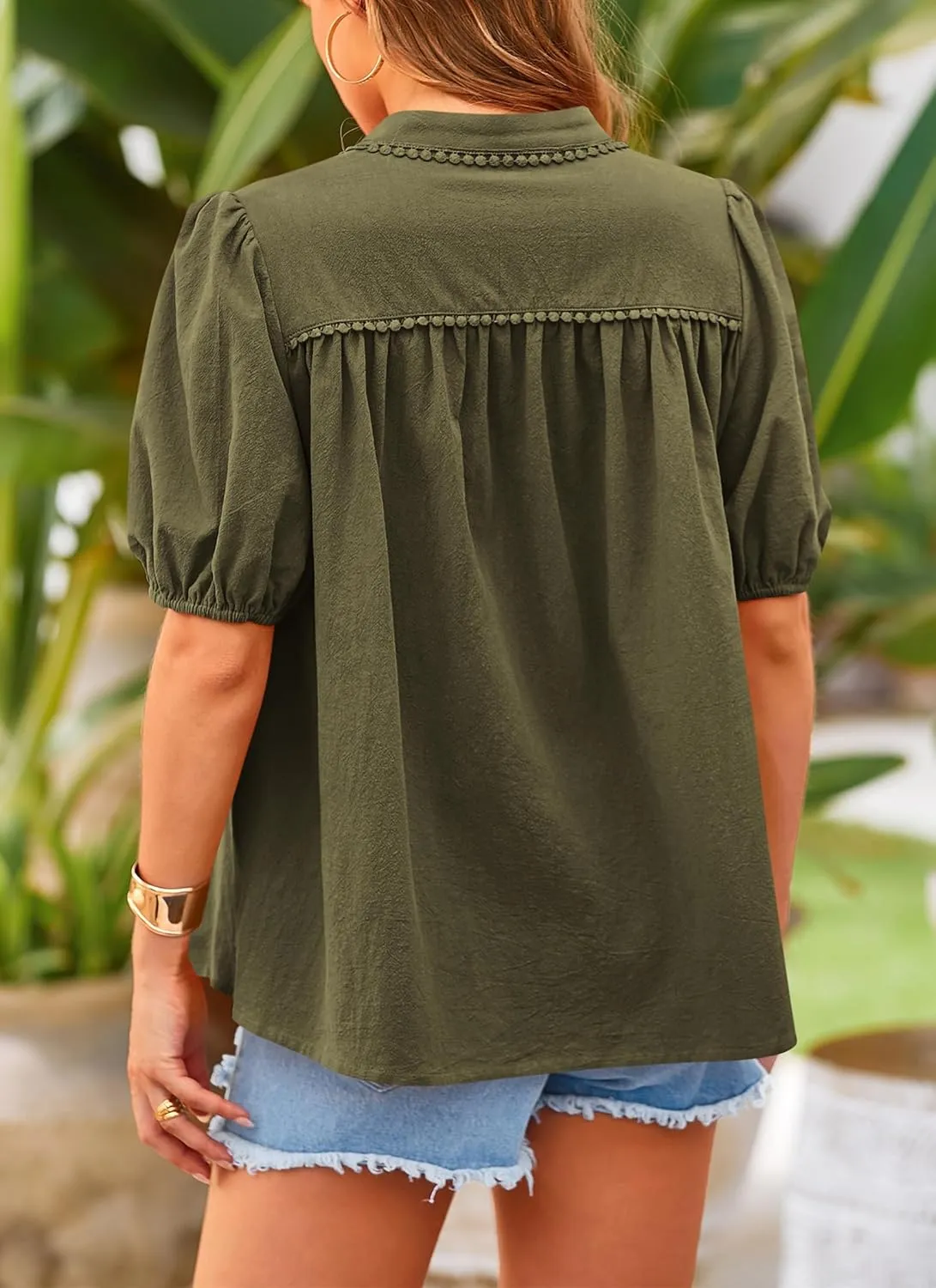 PRETTYGARDEN Women's Summer Button Down Shirts Short Lantern Sleeve V Neck Cotton Cute Dressy Casual Ladies Tops Blouses