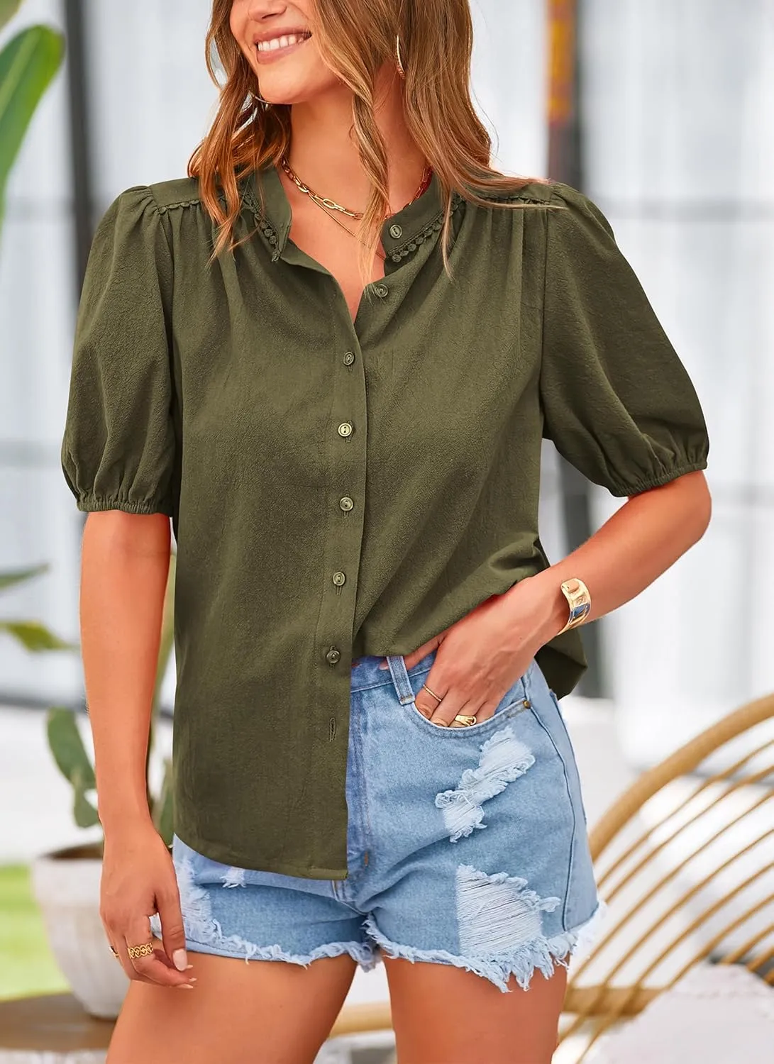 PRETTYGARDEN Women's Summer Button Down Shirts Short Lantern Sleeve V Neck Cotton Cute Dressy Casual Ladies Tops Blouses