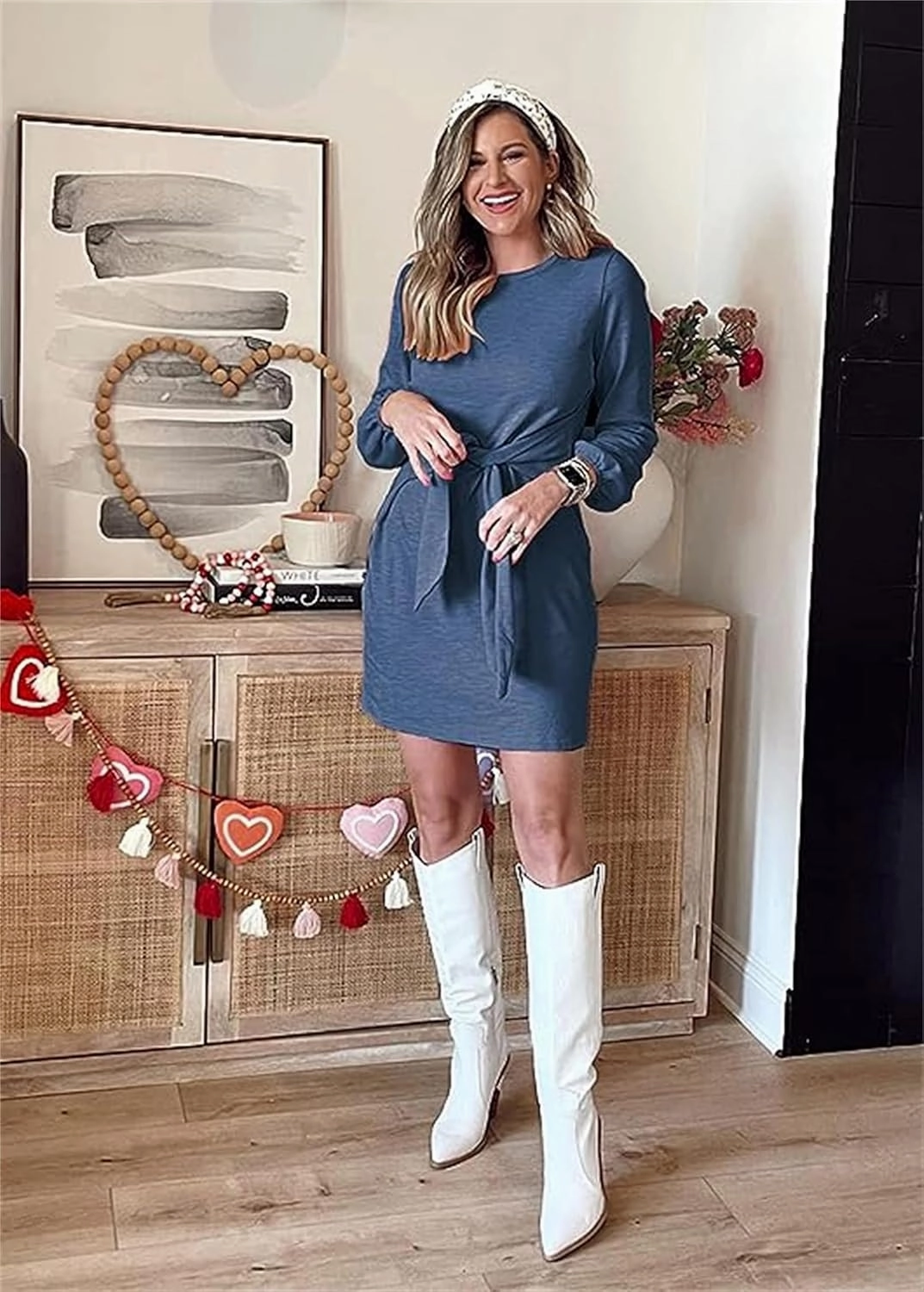 PRETTYGARDEN Women's Elegant Long Lantern Sleeve Short Dress Crewneck Tie Waist Knit Cocktail Dress