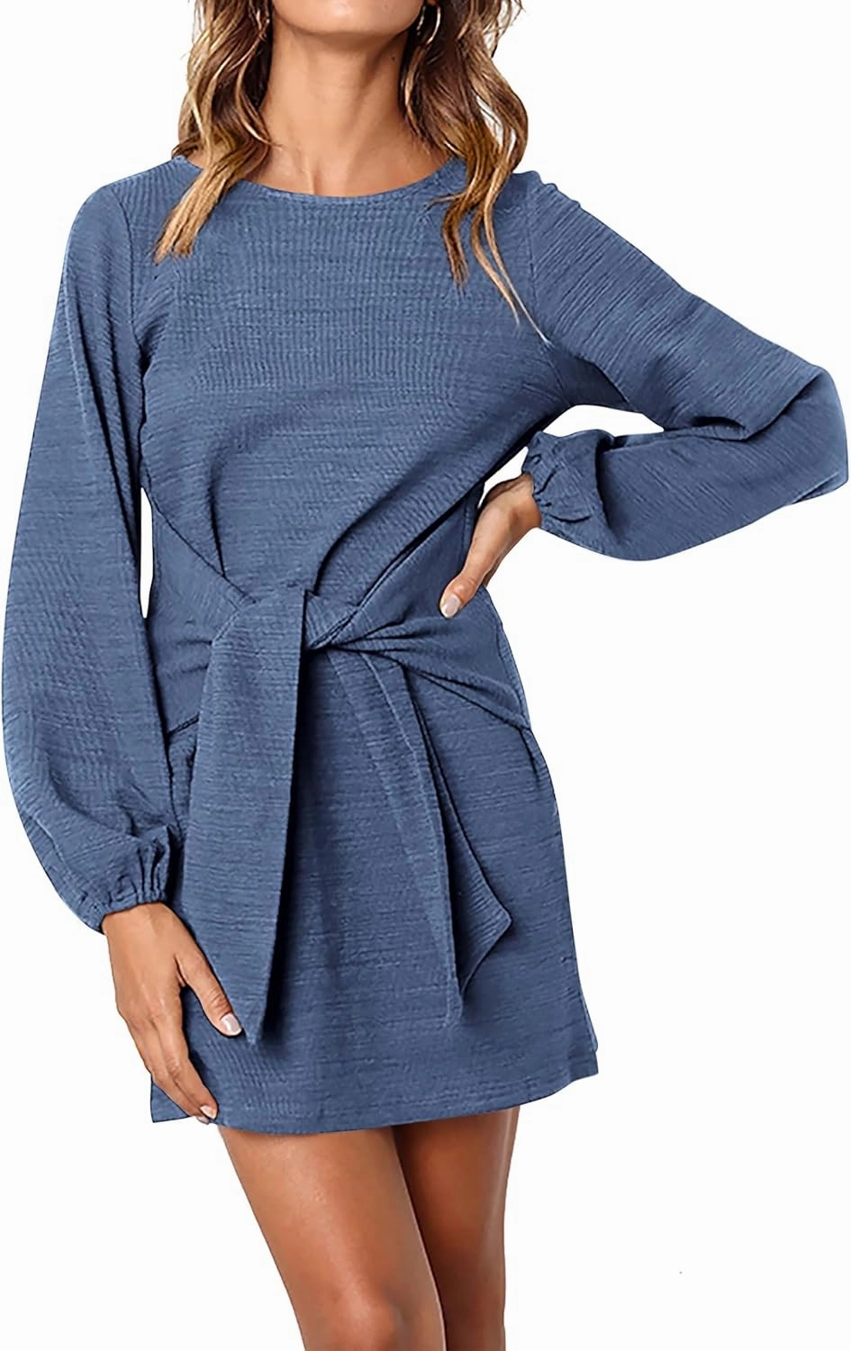 PRETTYGARDEN Women's Elegant Long Lantern Sleeve Short Dress Crewneck Tie Waist Knit Cocktail Dress