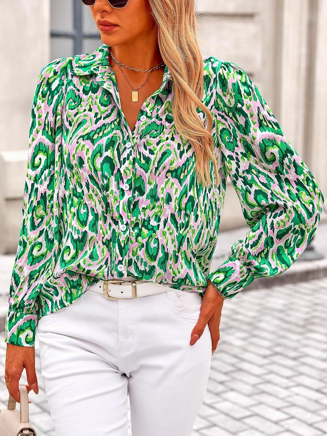 PRETTYGARDEN Women's Floral Blouses Dressy Casual V Neck Button Down Shirts Lantern Long Sleeve Boho Chiffon Spring Tops 2025