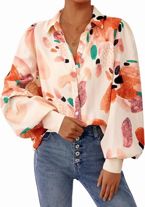 PRETTYGARDEN Women's Floral Blouses Dressy Casual V Neck Button Down Shirts Lantern Long Sleeve Boho Chiffon Spring Tops 2025