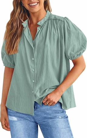 PRETTYGARDEN Women's Summer Button Down Shirts Short Lantern Sleeve V Neck Cotton Cute Dressy Casual Ladies Tops Blouses