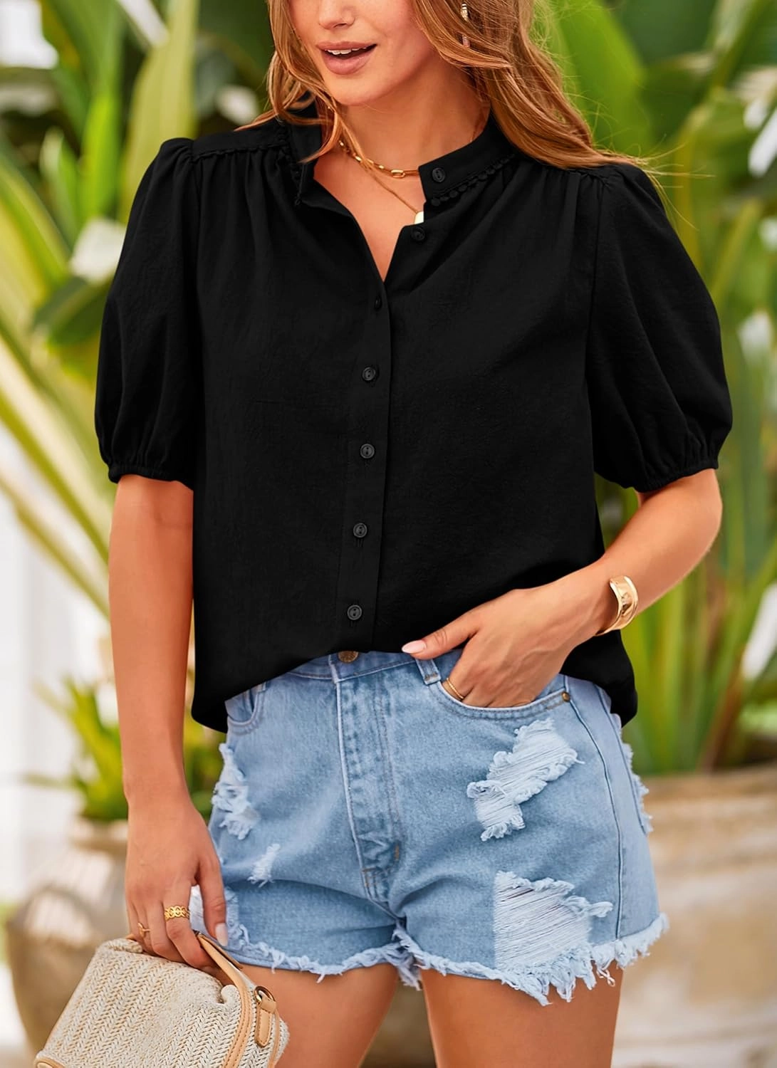 PRETTYGARDEN Women's Summer Button Down Shirts Short Lantern Sleeve V Neck Cotton Cute Dressy Casual Ladies Tops Blouses