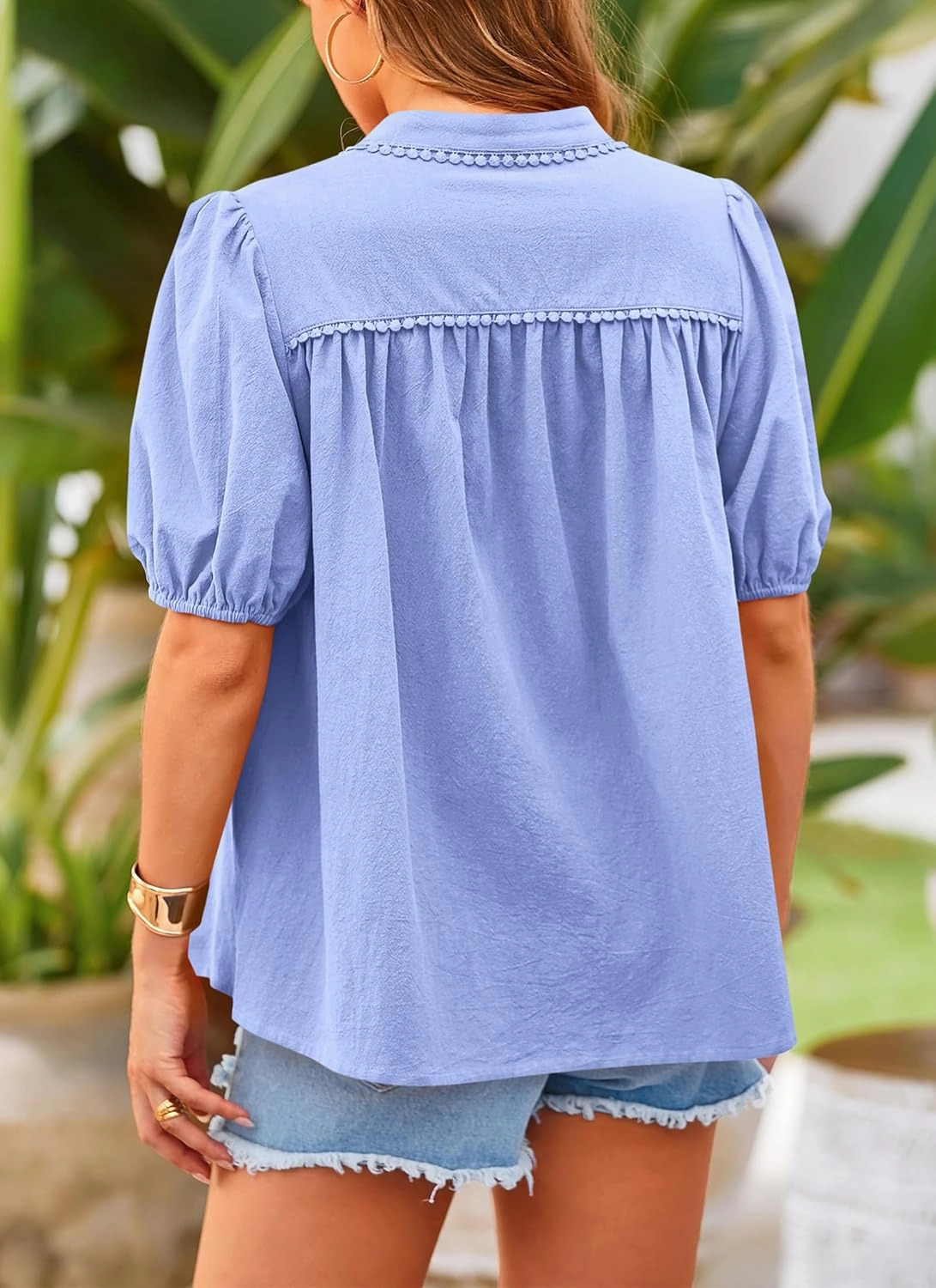 PRETTYGARDEN Women's Summer Button Down Shirts Short Lantern Sleeve V Neck Cotton Cute Dressy Casual Ladies Tops Blouses