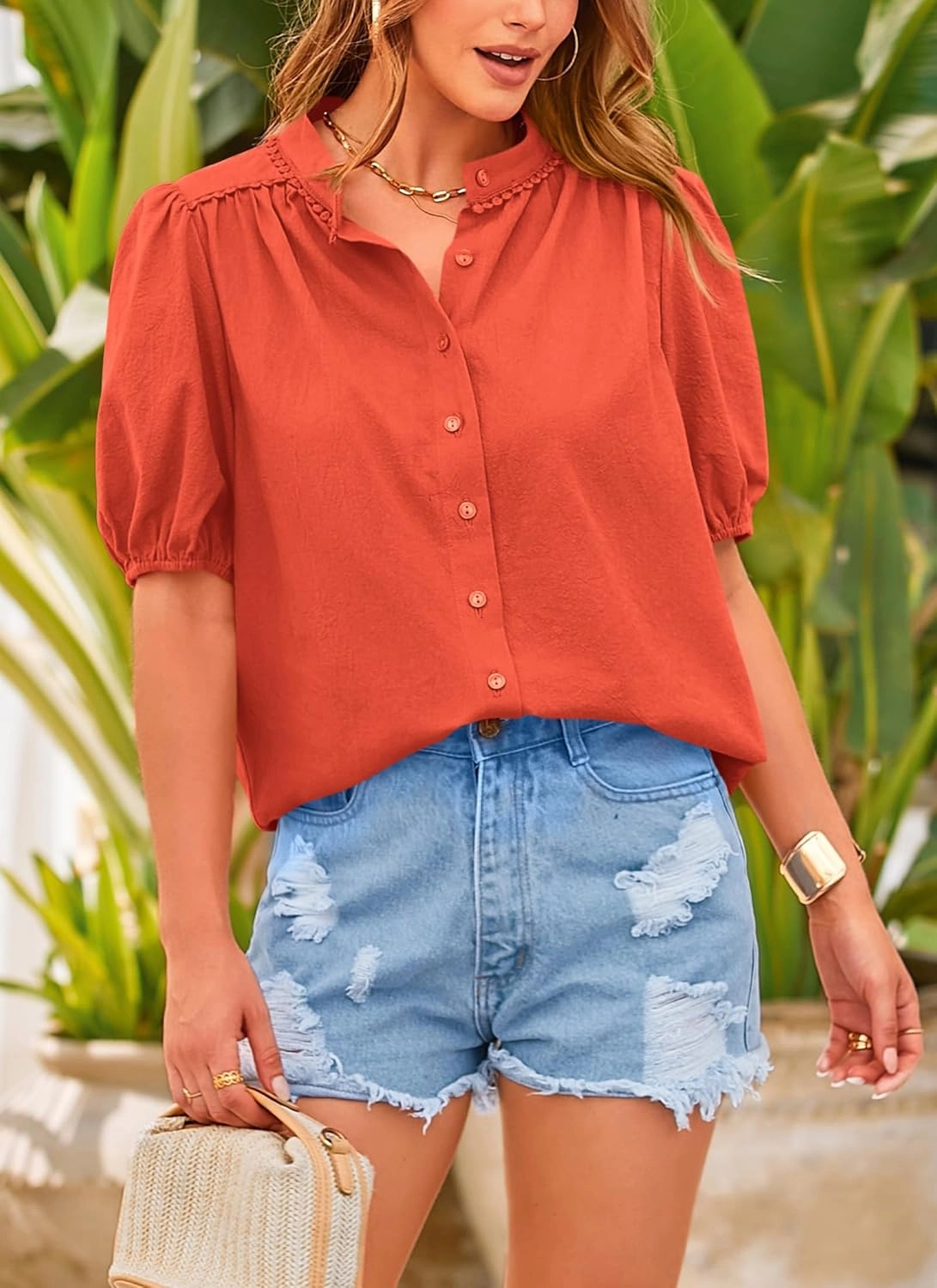 PRETTYGARDEN Women's Summer Button Down Shirts Short Lantern Sleeve V Neck Cotton Cute Dressy Casual Ladies Tops Blouses
