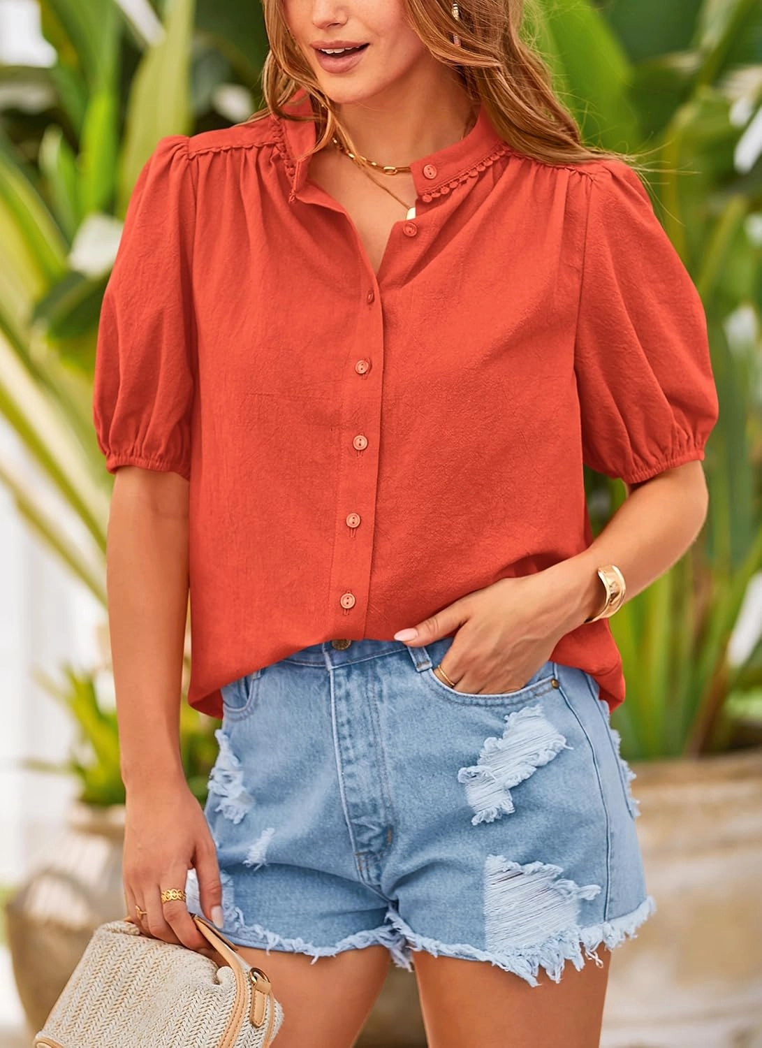 PRETTYGARDEN Women's Summer Button Down Shirts Short Lantern Sleeve V Neck Cotton Cute Dressy Casual Ladies Tops Blouses