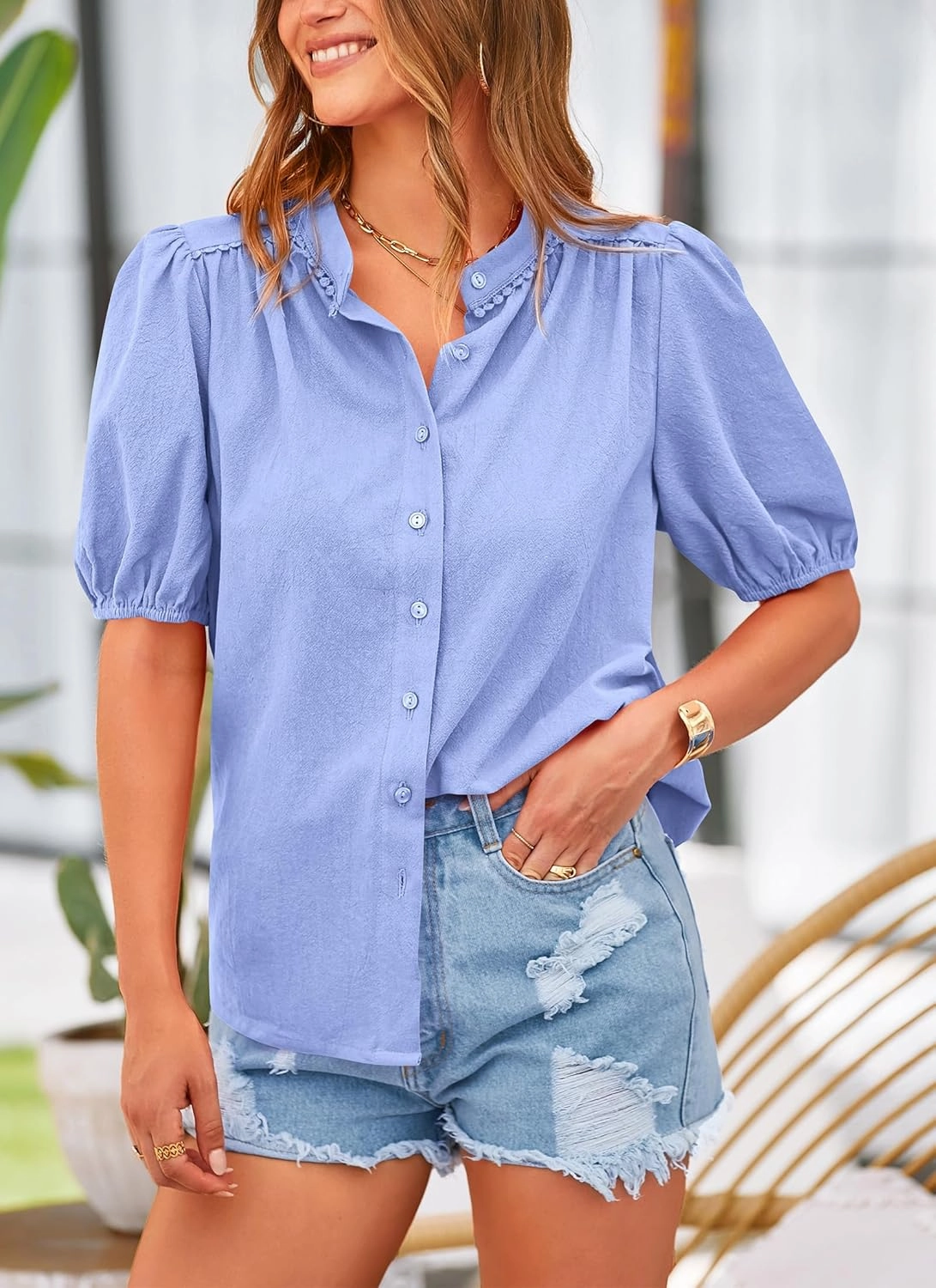PRETTYGARDEN Women's Summer Button Down Shirts Short Lantern Sleeve V Neck Cotton Cute Dressy Casual Ladies Tops Blouses