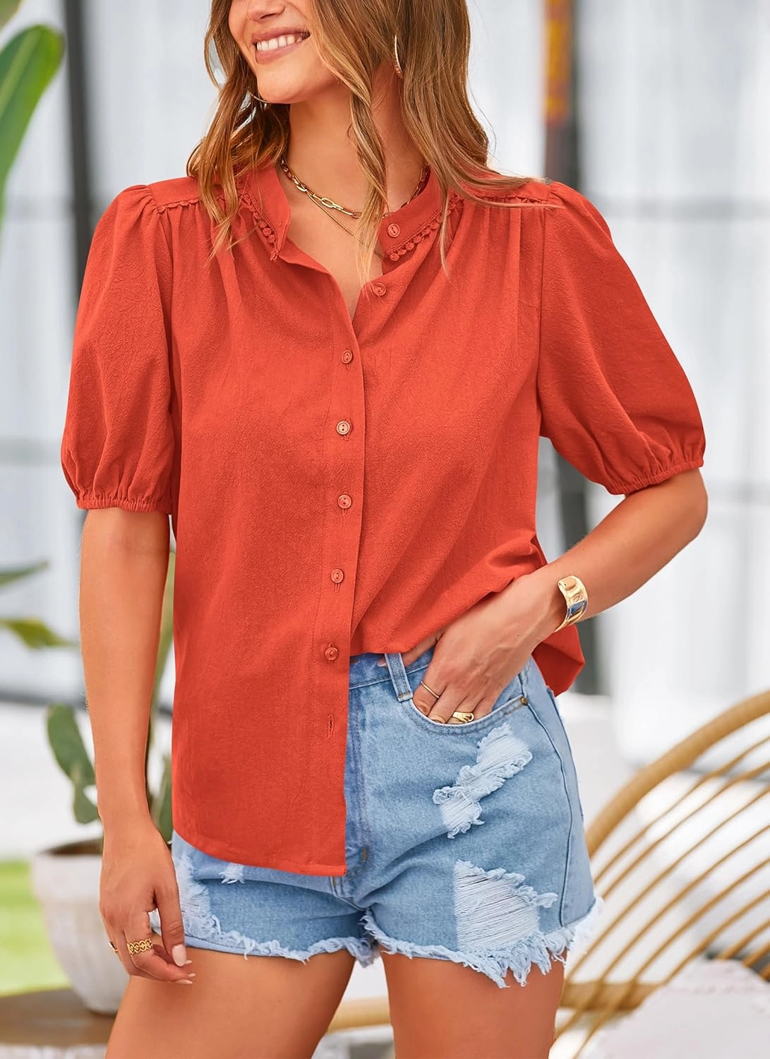 PRETTYGARDEN Women's Summer Button Down Shirts Short Lantern Sleeve V Neck Cotton Cute Dressy Casual Ladies Tops Blouses
