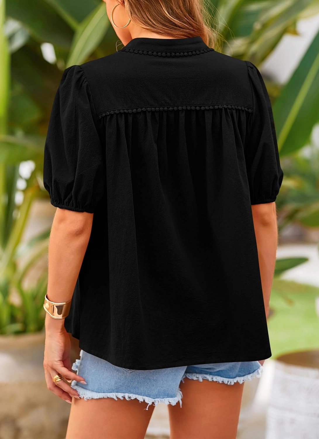 PRETTYGARDEN Women's Summer Button Down Shirts Short Lantern Sleeve V Neck Cotton Cute Dressy Casual Ladies Tops Blouses