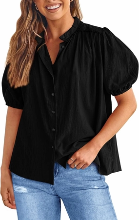 PRETTYGARDEN Women's Summer Button Down Shirts Short Lantern Sleeve V Neck Cotton Cute Dressy Casual Ladies Tops Blouses