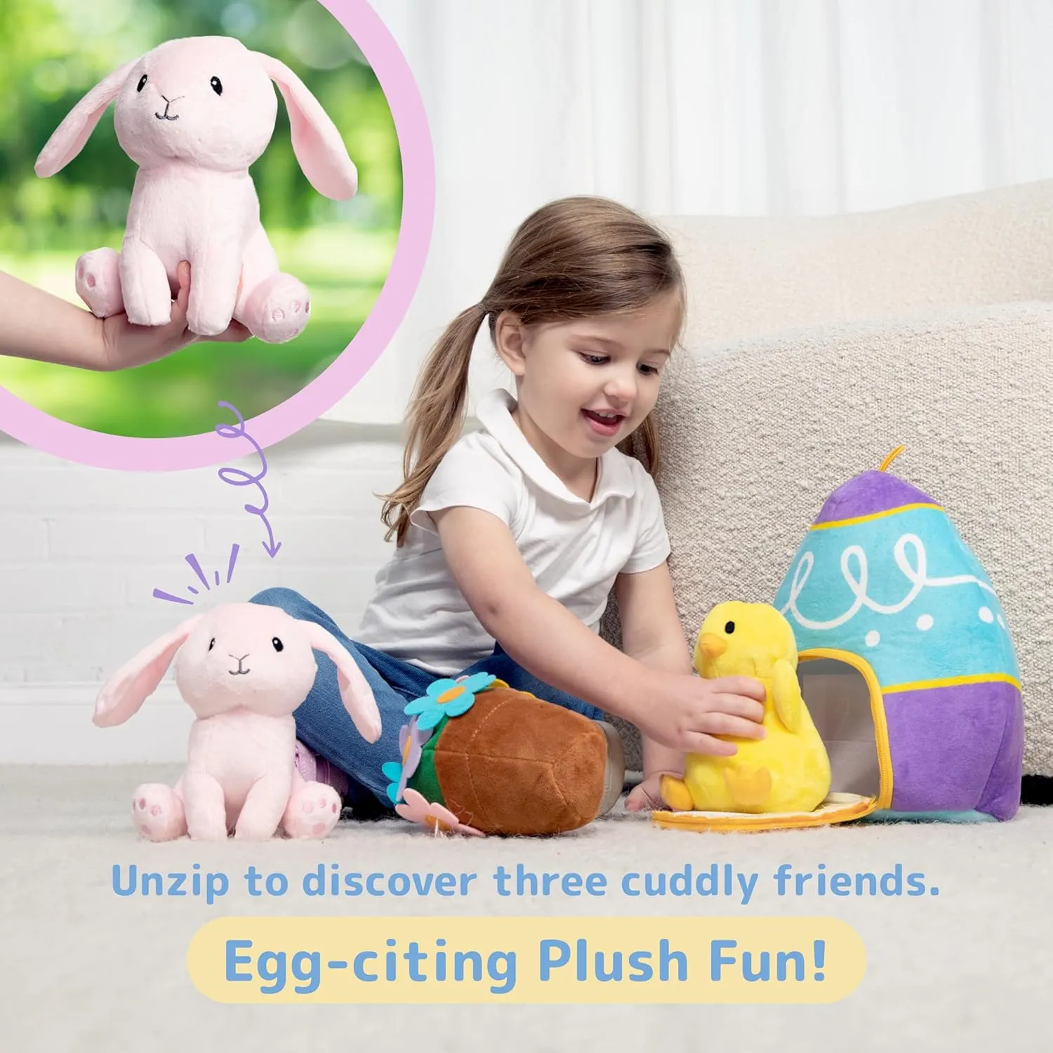 PREXTEX Easter Egg Stuffed Animals Plushie with Toy Accessories - Stuffies in Zip Up Egg Toys with Storage - Kids Animal Dolls, Baby Gift Bag, Party Favor, Birthday Gift Set - Boy and Girl Age 3-5 