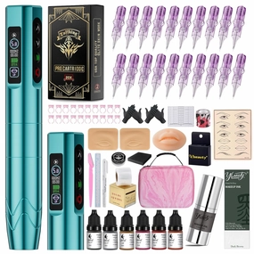 Professional Microblading Tattoo Gun Kit, Wireless Eyebrow Tattoo Pen Machine Kits, Complete Microblading Supplies with 2Pcs Battery, 20Pcs Cartridge Needles for Artists (Blue)