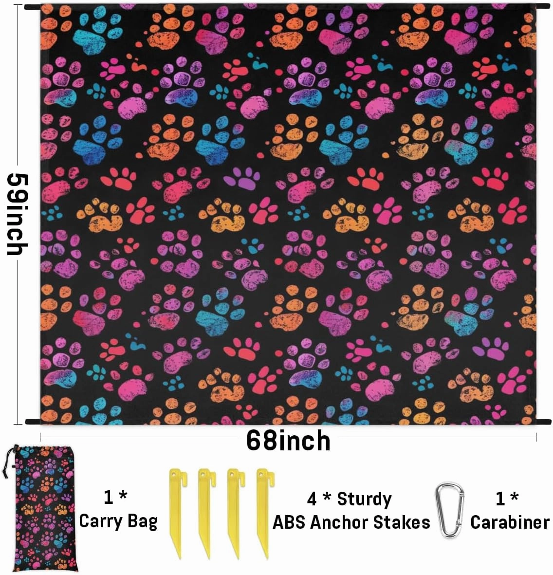 Puppy Paw Beach Blanket, Sandproof Beach Mat, Adults Waterproof Quick Drying Sand Free Mat with 4 x Ground Spikes for Outdoor Travel Camping Hiking, Animal Paw