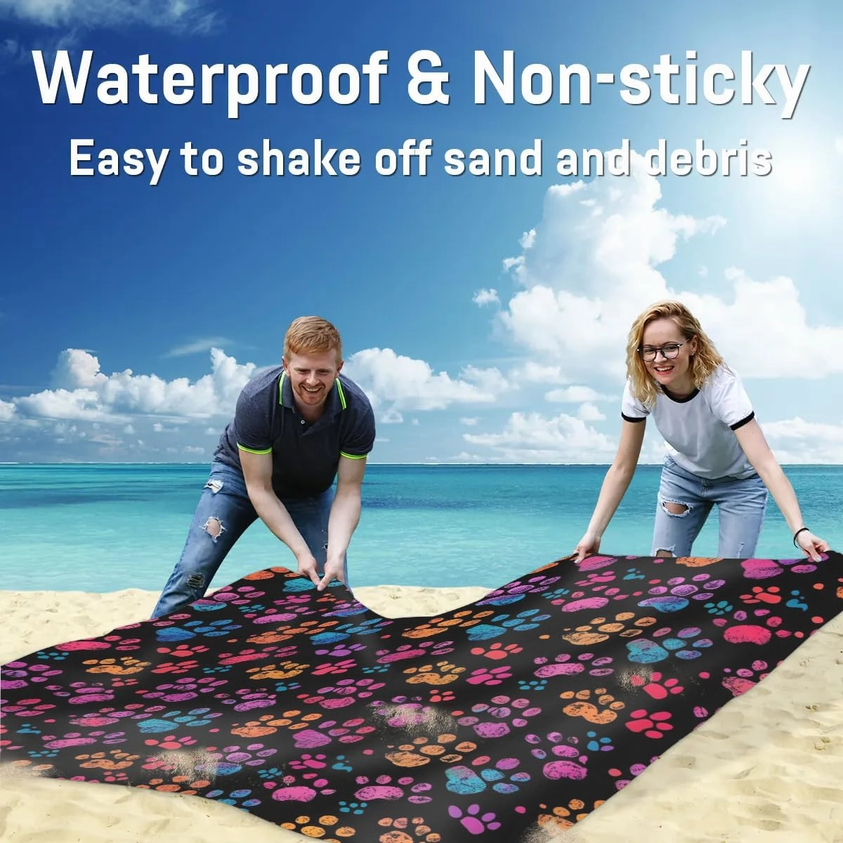 Puppy Paw Beach Blanket, Sandproof Beach Mat, Adults Waterproof Quick Drying Sand Free Mat with 4 x Ground Spikes for Outdoor Travel Camping Hiking, Animal Paw
