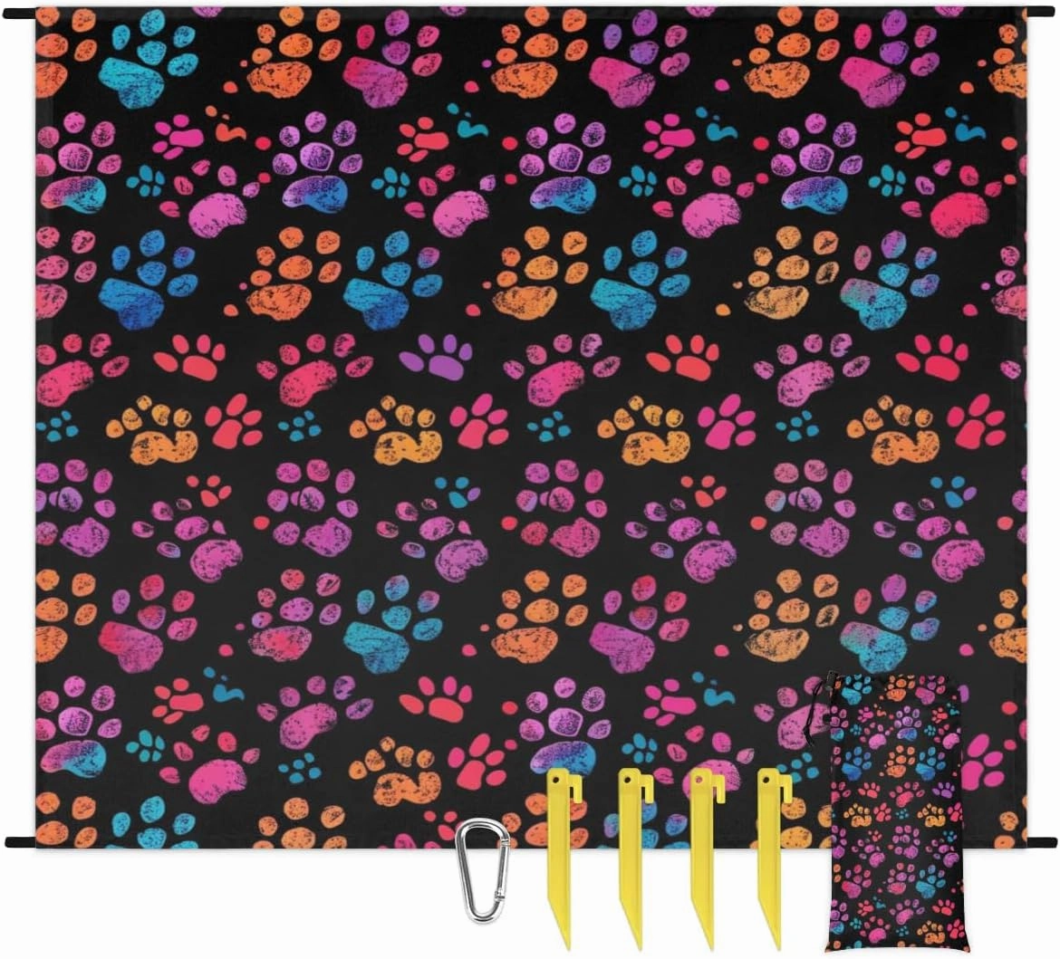 Puppy Paw Beach Blanket, Sandproof Beach Mat, Adults Waterproof Quick Drying Sand Free Mat with 4 x Ground Spikes for Outdoor Travel Camping Hiking, Animal Paw