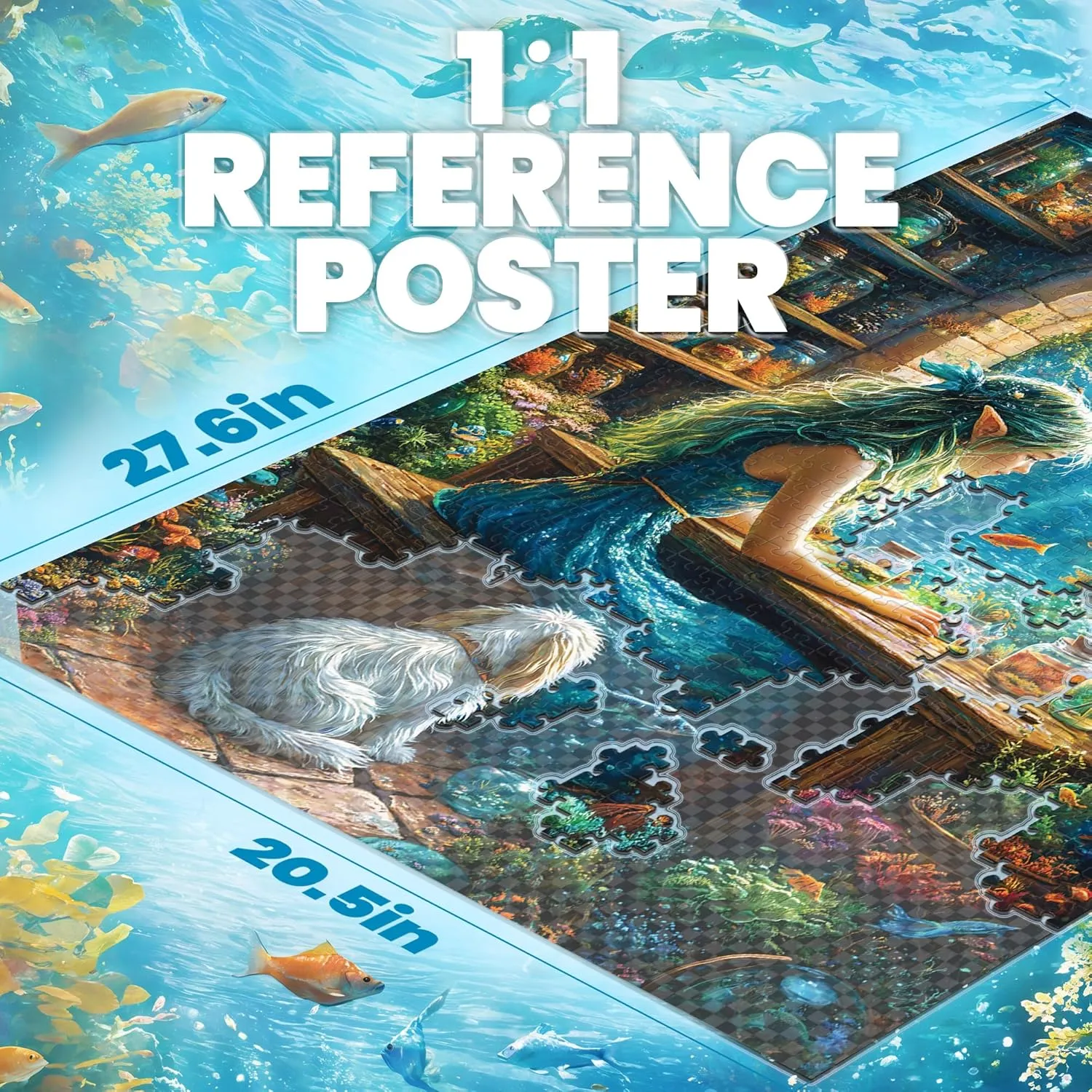 Puzzles for Adults 1000 Pieces, Ocean Sea Girl Fantasy Puzzle for Adults, Hard Jigsaw Fairy Puzzles with Letters on Back, 1000 Piece Adult Puzzle with Fish & Coral for Gift, 27.6" X 20.5" 1:1 Poster