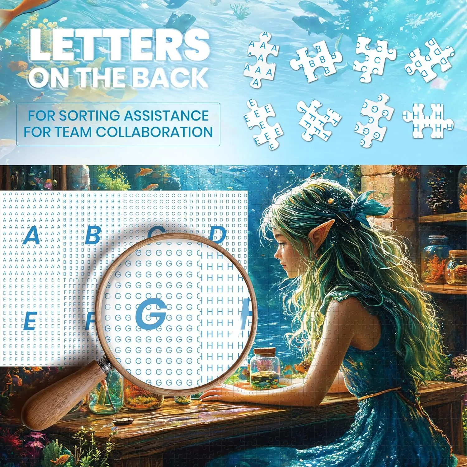 Puzzles for Adults 1000 Pieces, Ocean Sea Girl Fantasy Puzzle for Adults, Hard Jigsaw Fairy Puzzles with Letters on Back, 1000 Piece Adult Puzzle with Fish & Coral for Gift, 27.6" X 20.5" 1:1 Poster