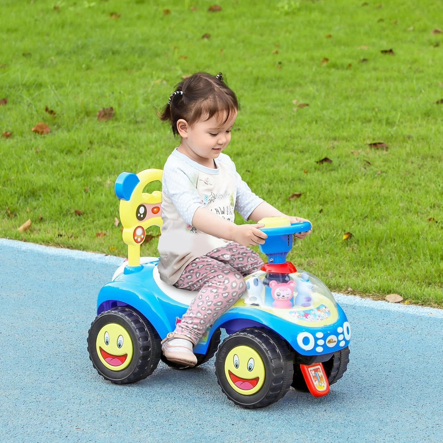 Qaba Toddler Push Car, Foot to Floor Ride on Toy with Horn, Light, Music, Steering Wheel, Anti-Over-Backwards Device & Under Seat Storage, Baby Sliding Car for Boys Girls 18-36 Months, Blue
