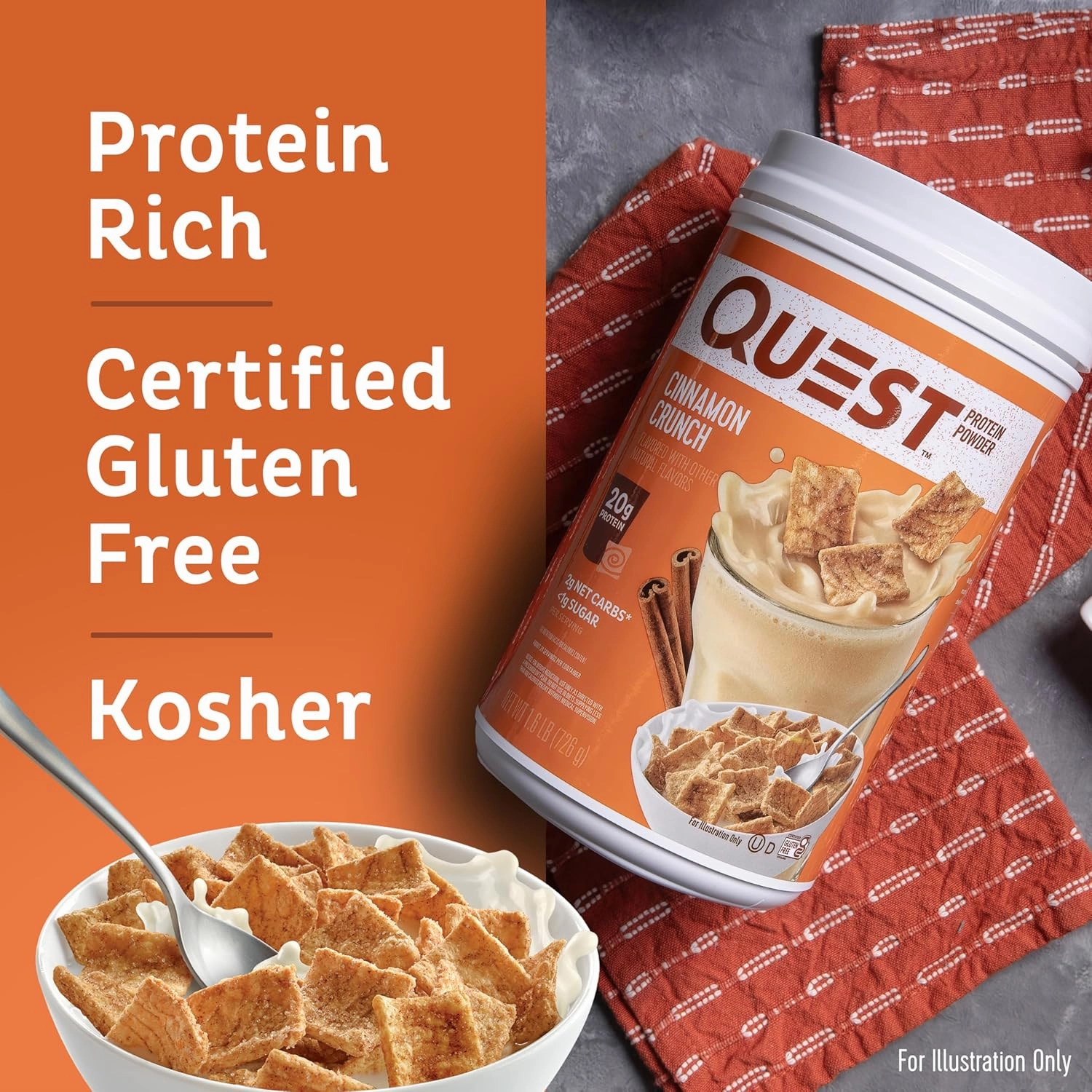 Quest Nutrition Cinnamon Crunch Protein Powder, 20g Protein, 2g Net Carb, 1g Sugar, Low Carb, Gluten Free, 1.6 Pound, 24 Servings