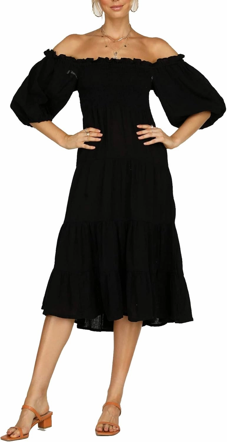 R.Vivimos Women's Summer Cotton Lantern Sleeves Ruffled Off Shoulder A-Line Midi Dresses