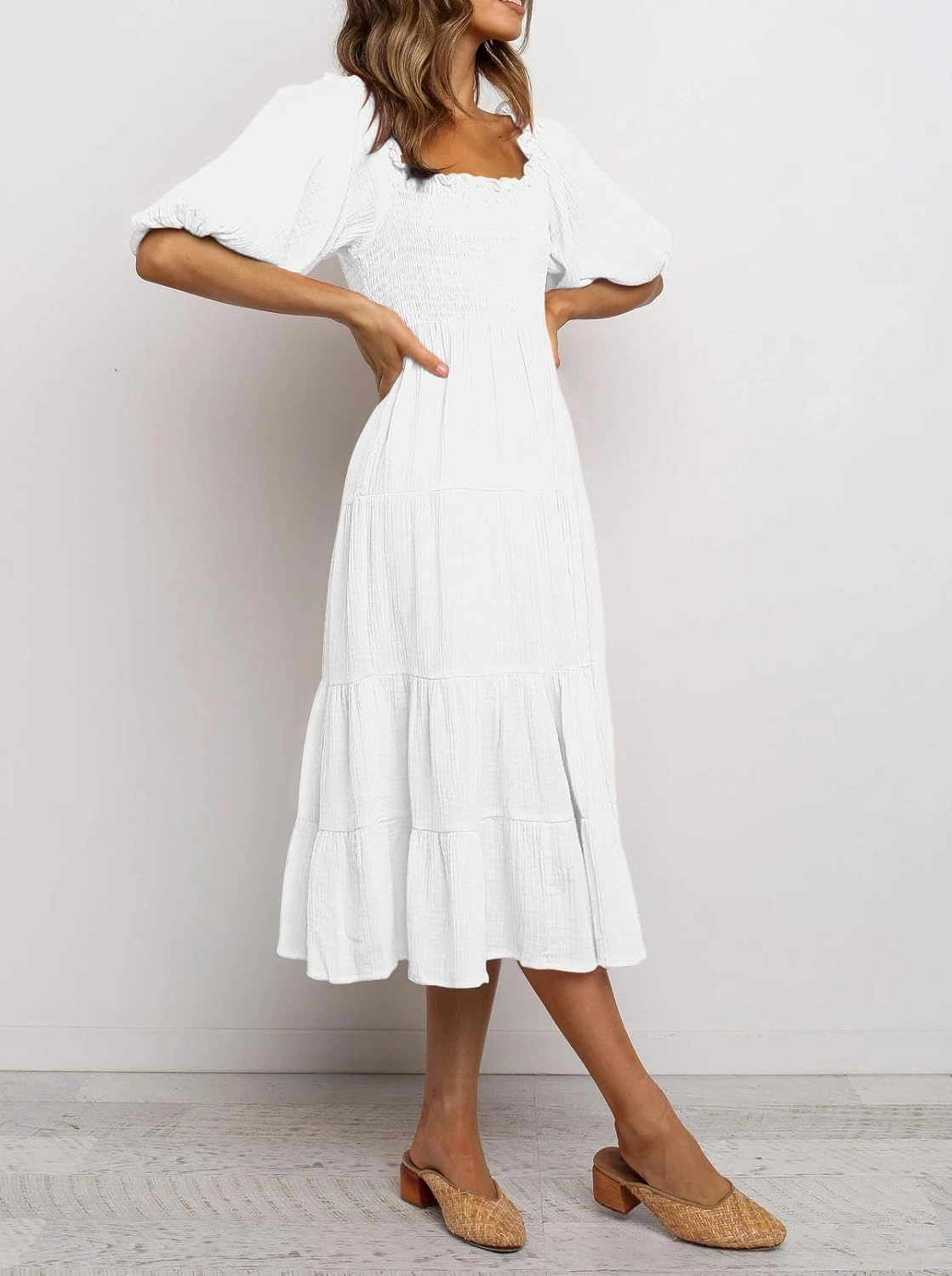 R.Vivimos Women's Summer Cotton Lantern Sleeves Ruffled Off Shoulder A-Line Midi Dresses