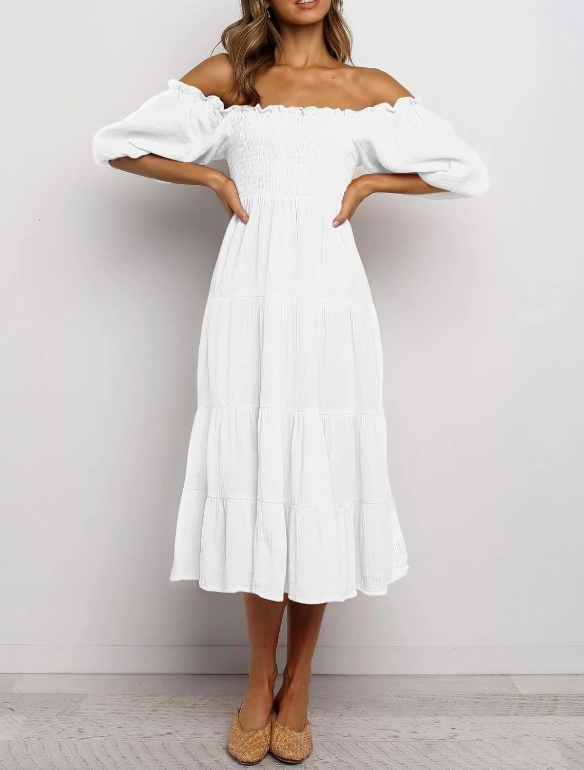 R.Vivimos Women's Summer Cotton Lantern Sleeves Ruffled Off Shoulder A-Line Midi Dresses