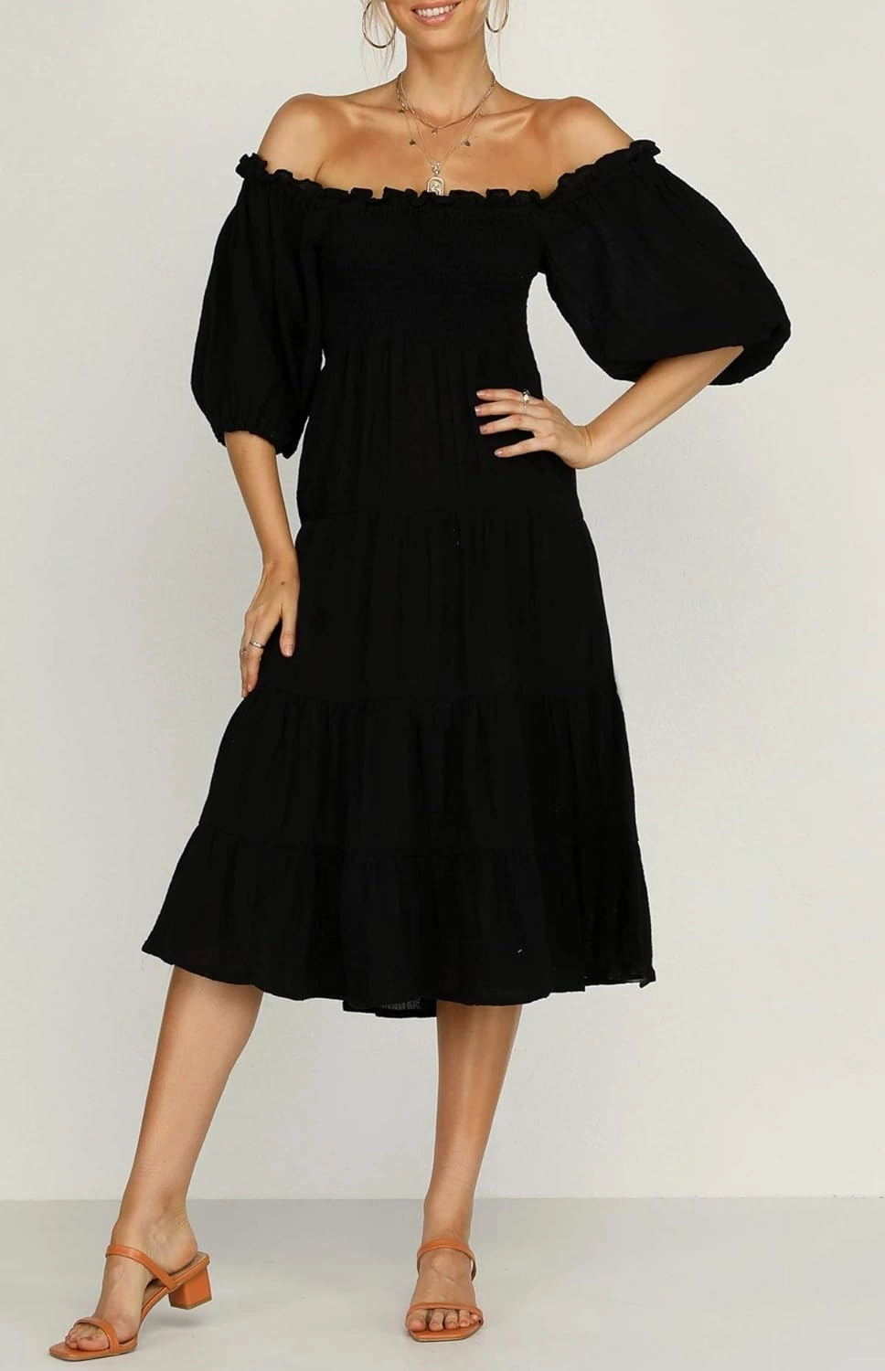 R.Vivimos Women's Summer Cotton Lantern Sleeves Ruffled Off Shoulder A-Line Midi Dresses