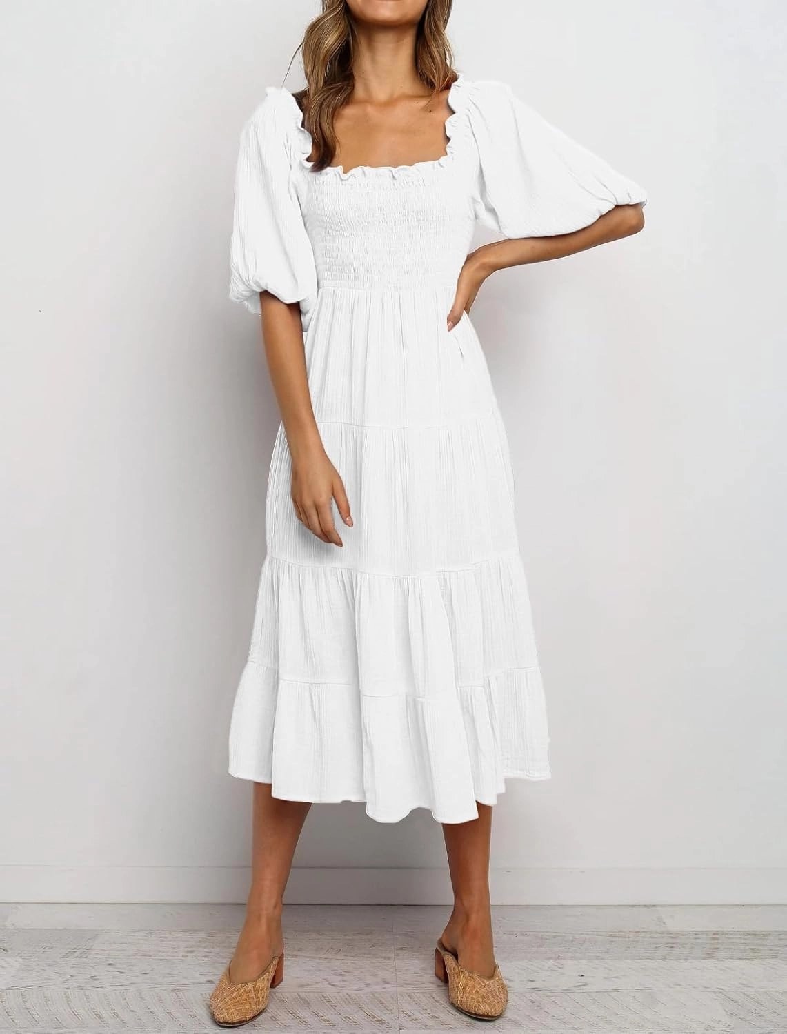 R.Vivimos Women's Summer Cotton Lantern Sleeves Ruffled Off Shoulder A-Line Midi Dresses