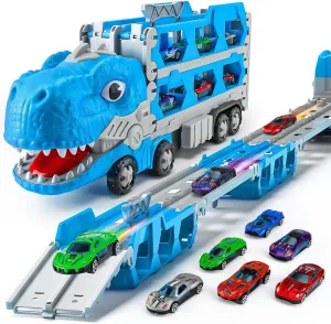 Race Track Car Toys for 2 3 4 Year Old Boy, Dinosaur Trucks Toys for Toddlers 2-4 3-5 Transport Carrier for Kids Boys & Girls Gifts, Foldable Track Monster Trucks with 6 Mini Alloy Cars