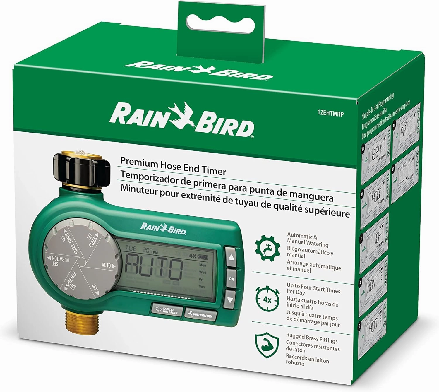 Rain Bird 1ZEHTMRP Premium Professional Grade Electronic Digital Hose End Timer/Controller, One Zone/Station, Battery Operated, Brass Inlet/Outlet