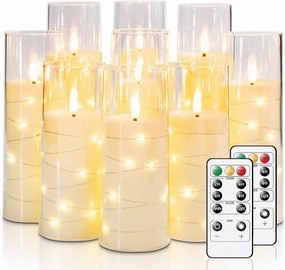 Raycare Flameless LED Candles with Embedded Star String, 9 Pcs Battery Operated Acrylic Pillar Candles with Timer and Remote, Flickering for Romantic Ambiance and Home Decoration (White)