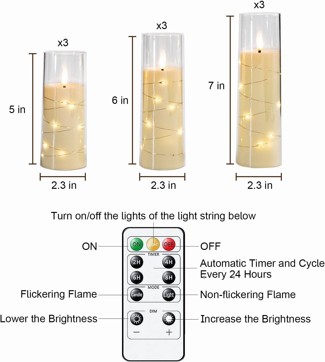 Raycare Flameless LED Candles with Embedded Star String, 9 Pcs Battery Operated Acrylic Pillar Candles with Timer and Remote, Flickering for Romantic Ambiance and Home Decoration (White)