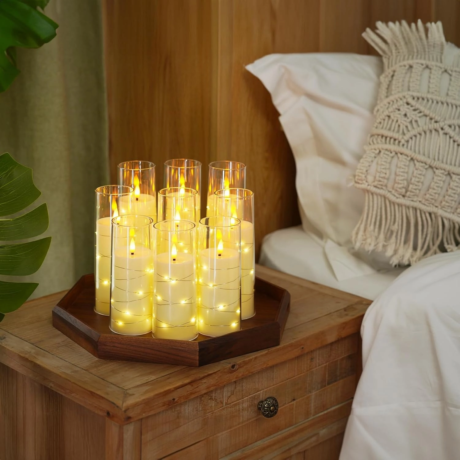 Raycare Flameless LED Candles with Embedded Star String, 9 Pcs Battery Operated Acrylic Pillar Candles with Timer and Remote, Flickering for Romantic Ambiance and Home Decoration (White)