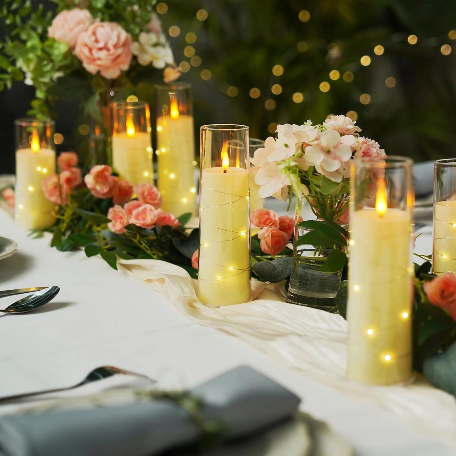 Raycare Flameless LED Candles with Embedded Star String, 9 Pcs Battery Operated Acrylic Pillar Candles with Timer and Remote, Flickering for Romantic Ambiance and Home Decoration (White)