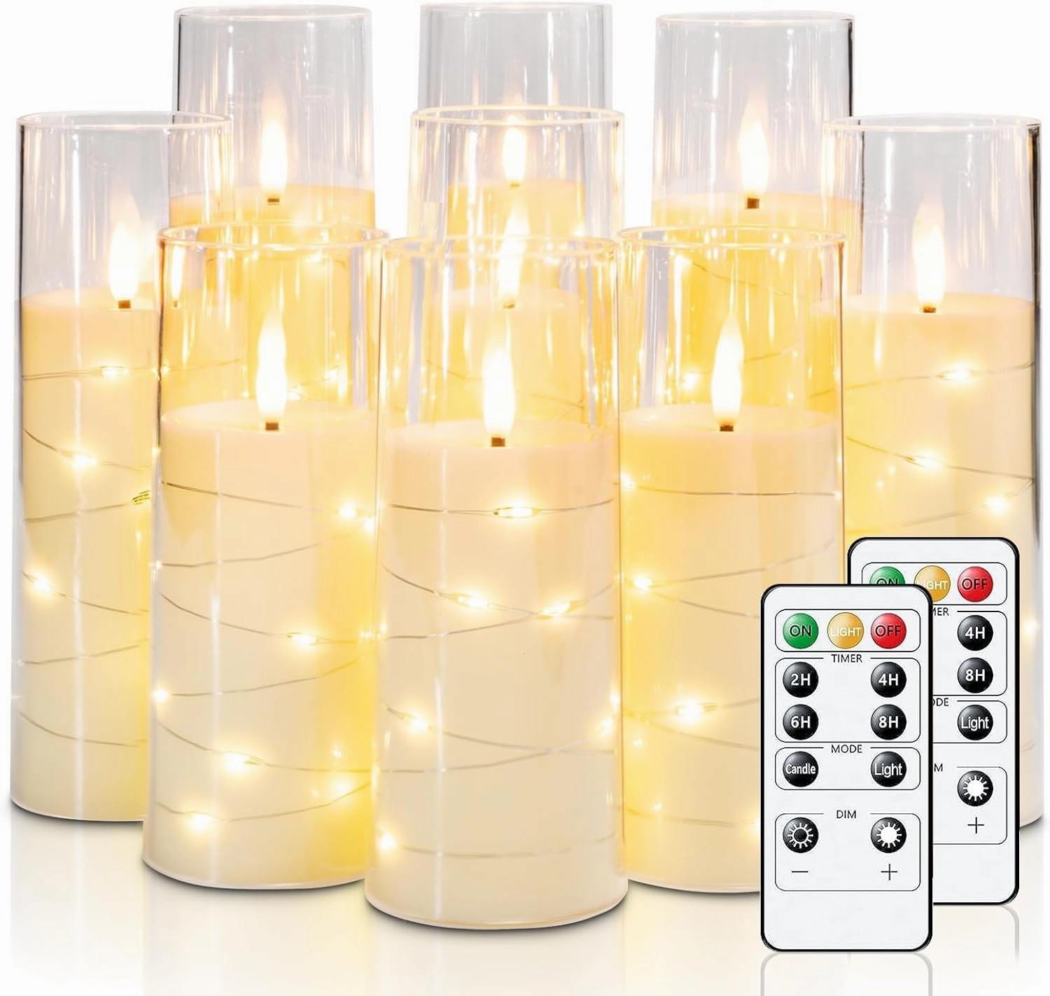 Raycare Flameless LED Candles with Embedded Star String, 9 Pcs Battery Operated Acrylic Pillar Candles with Timer and Remote, Flickering for Romantic Ambiance and Home Decoration (White)