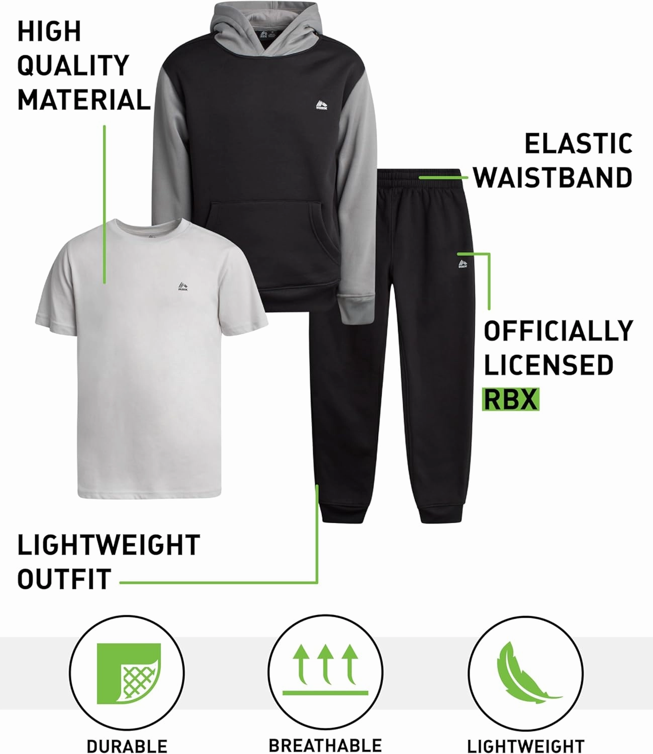 RBX Boys Active Jogger Set - 3 Piece Performance Fleece Sweatshirt, Jogger Sweatpants, T-Shirt - Activewear for Boys (2T-12)