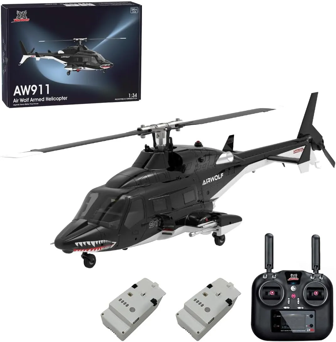 RC Brushless Helicopter-WOLFBUSH AW-911 Wolf 1/34 Scale 2.4G 9CH Flybarless RC Plane Model with 6G/3D Stunt Mode and GPS Positioning,Gift for Adults,2-Battery Version