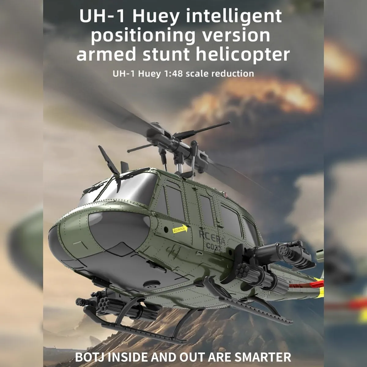 RC Helicopter for Adults, C032 1/48 Scale UH-1 Huey 2.4G 6CH Flybarless RC Helicopter with Intelligent Positioning System and Low-Voltage Alarm for Beginners (RTF Version)