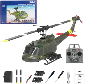 RC Helicopter for Adults, C032 1/48 Scale UH-1 Huey 2.4G 6CH Flybarless RC Helicopter with Intelligent Positioning System and Low-Voltage Alarm for Beginners (RTF Version)