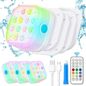 Rechargeable Pool Lights, Pool Lights with Remote, IP68 Full Waterproof Submersible Led Lights Built-in Magnet 16 Color Changing Floating Lights for Bathtubs, Ponds, Party Decor (4 Set)