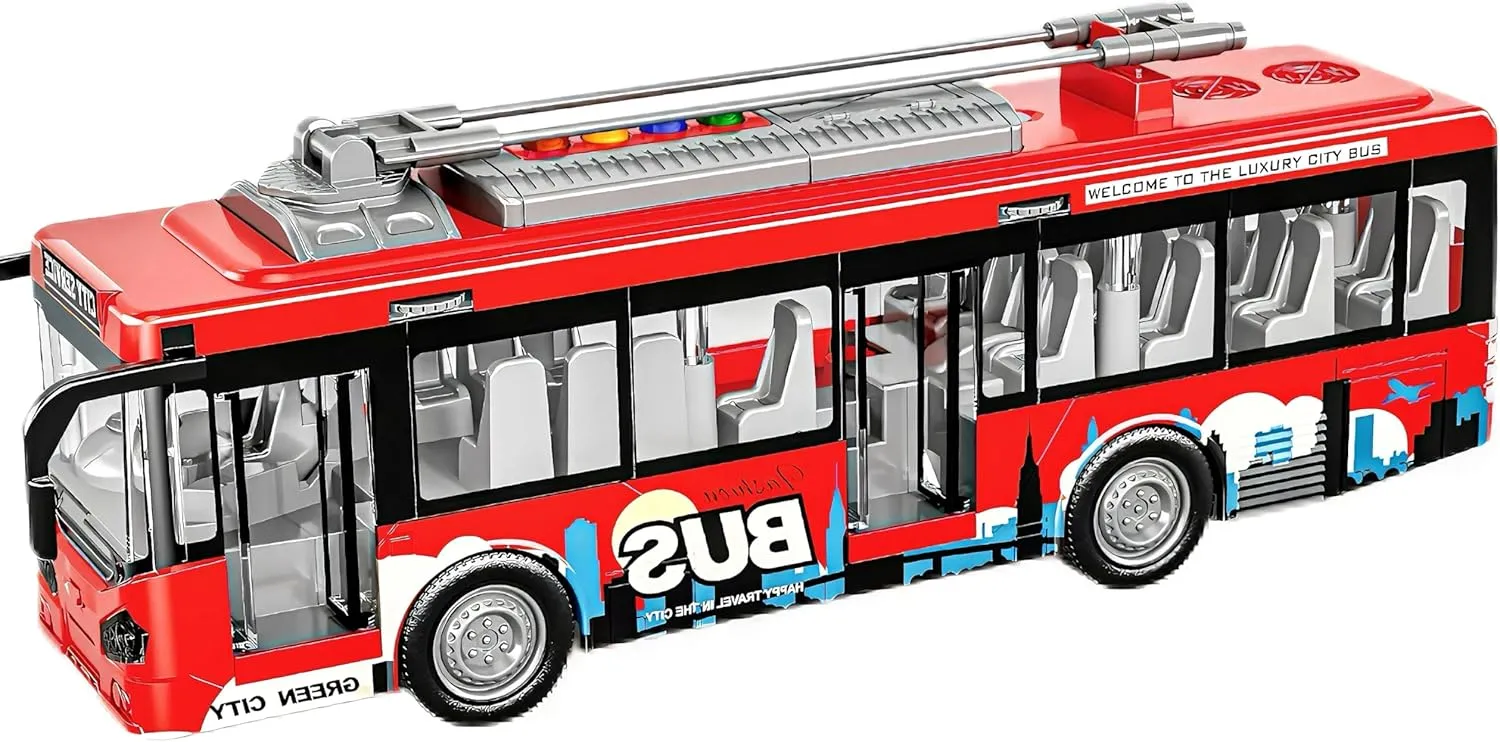 Red City Bus Toys 1:16 with Sounds and Lights Pull Back Vehicles Educational Toys School Bus Toys Bithday Gift for Toddlers 3 Years Old
