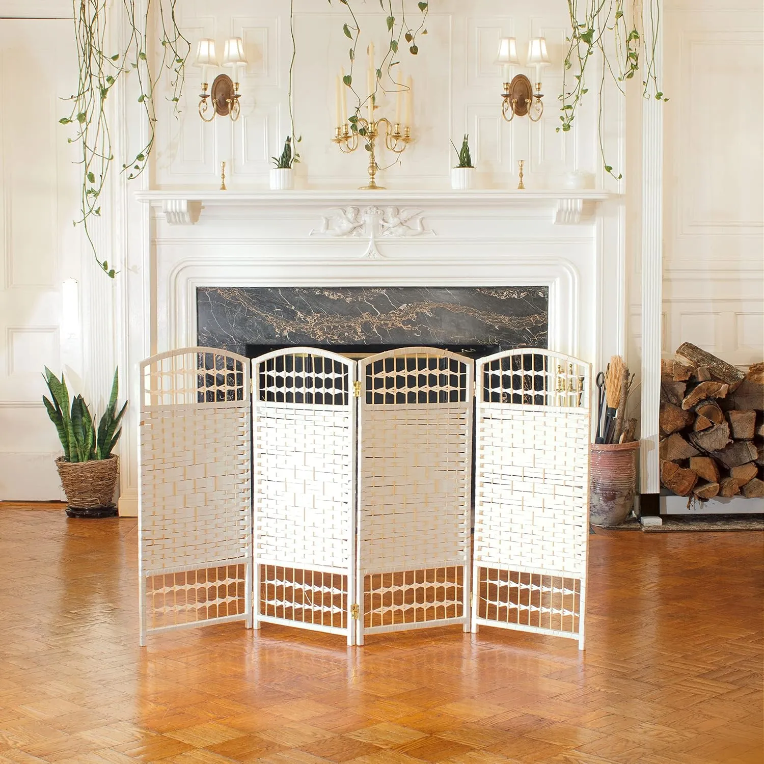 Red Lantern 3 ft. Short Fiber Weave Folding Screen - White - 4 Panels